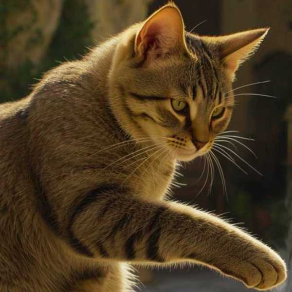 Die erfahrene Katze prüft die Temperatur der Spaghetti vor dem Essen