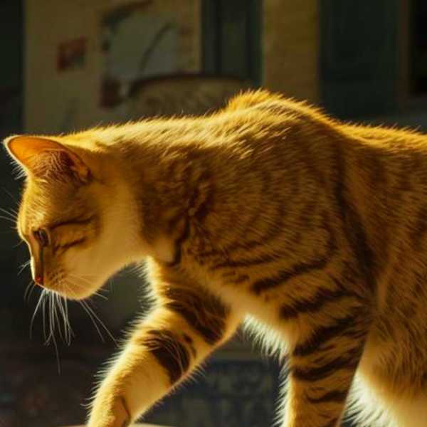 Ein Mann und eine Katze am Tisch mit einer Lasagne