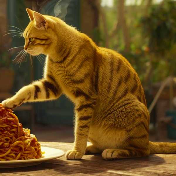 Die Katze beansprucht die Nudeln für sich: Mann geht leer aus