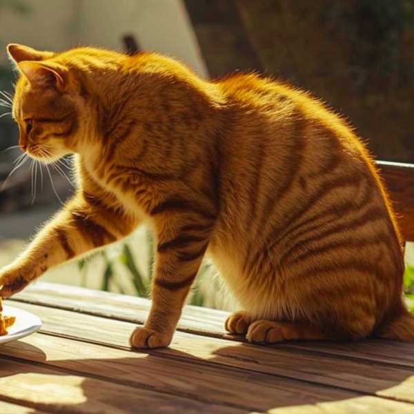 Ein Mann und eine Katze teilen sich eine Portion Lasagne