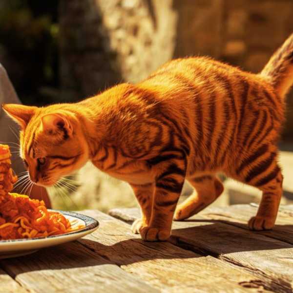 Ein Mann und eine Katze bei der Konkurrenz um die Nudel