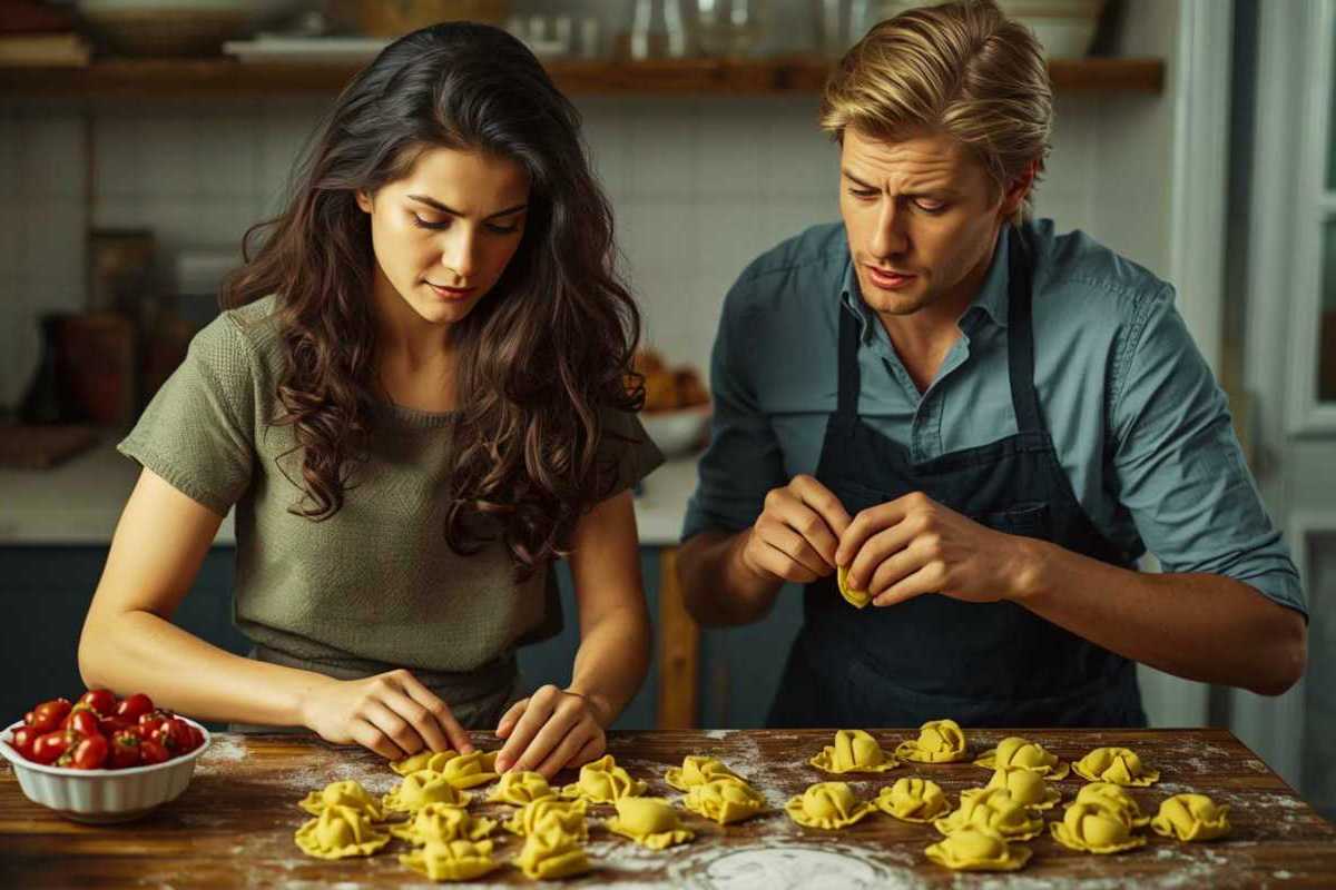 Eine Frau versucht einem Mann das Formen von Tortellini beizubringen