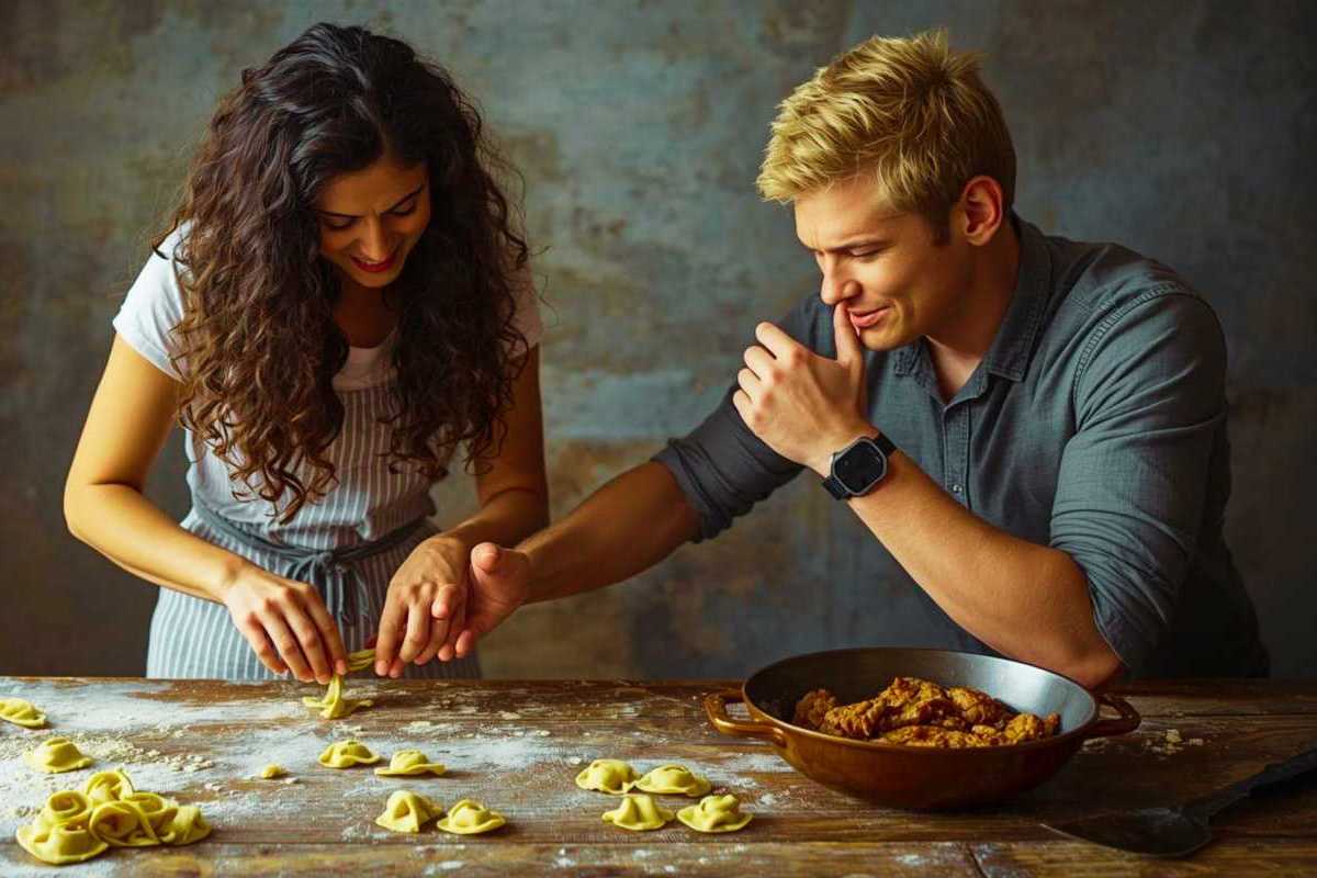 Eine Frau bringt einem Mann die Herstellung von Tortellini bei