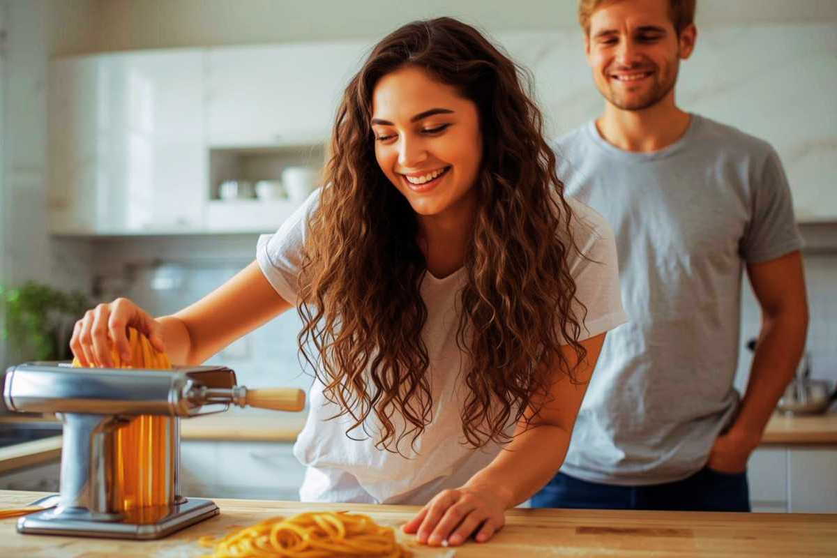 Eine Frau stellt frische Spaghetti mit der Nudelmaschine her