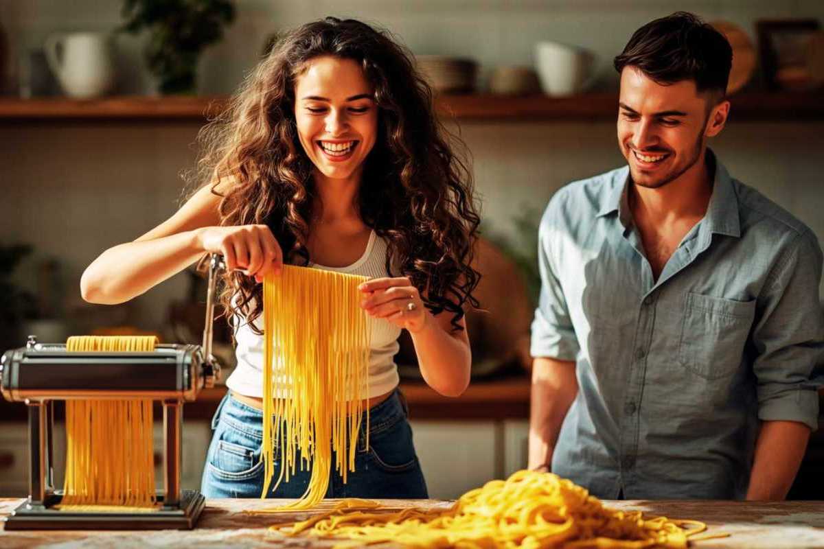 Eine fröhliche Frau stellt Spaghetti mit einer Nudelmaschine her