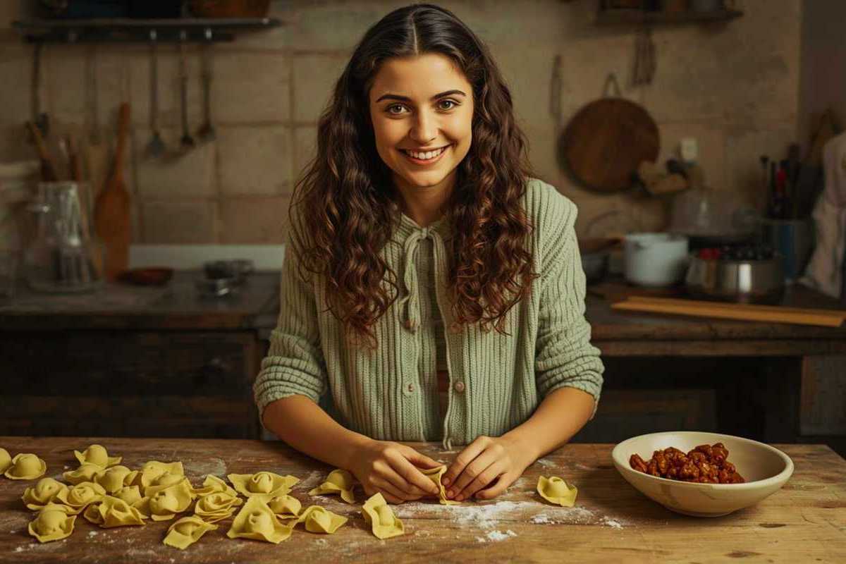 Eine lächelnde Frau stellt Tortelloni her