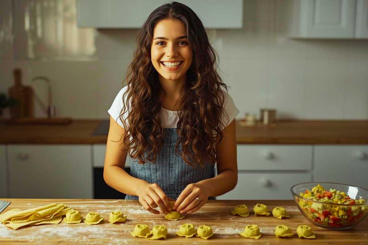 Eine lächelnde Frau stellt Tortelloni her