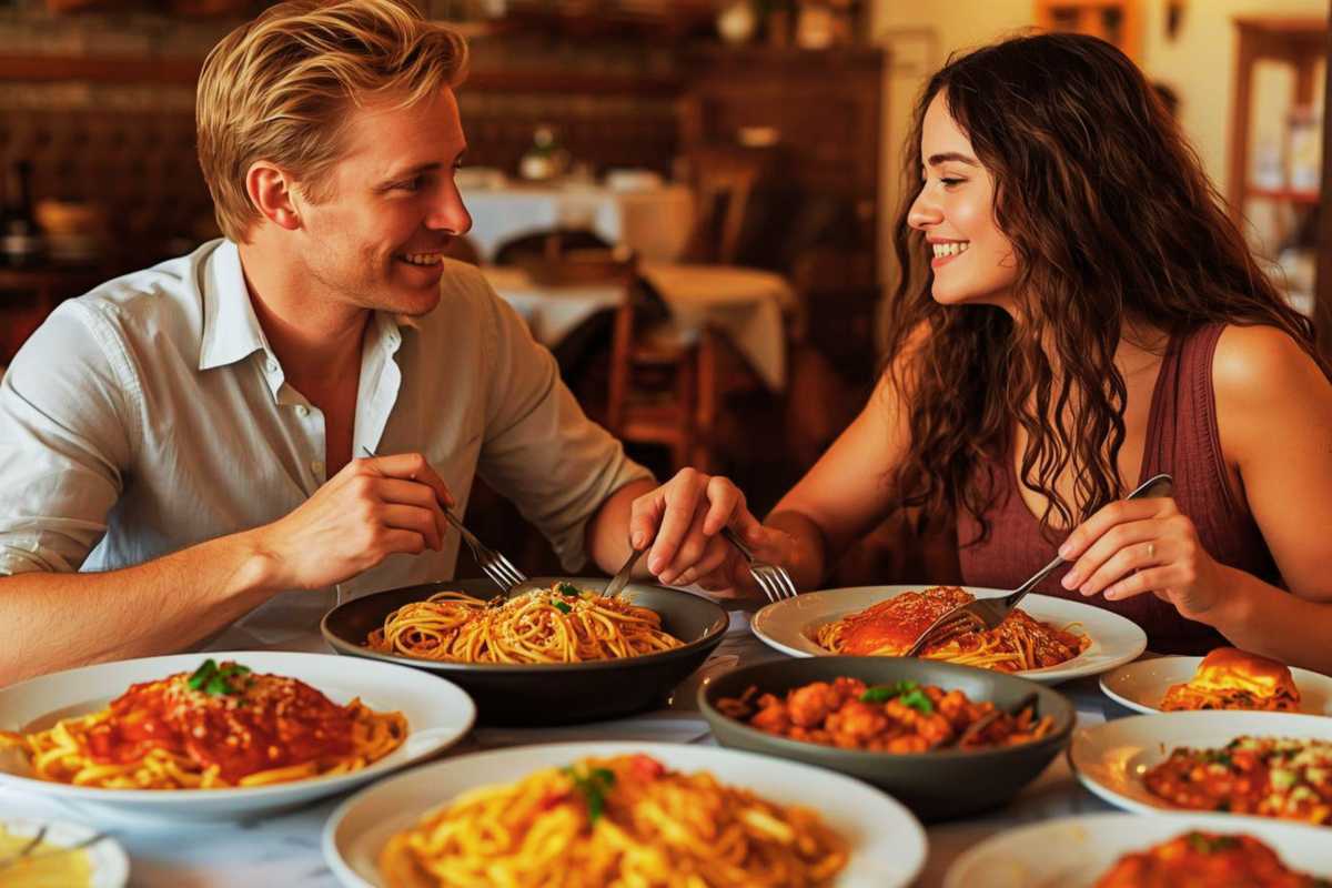 Ein Mann und eine Frau essen Nudeln