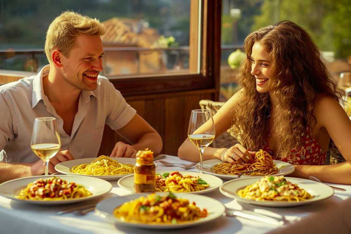 Ein Mann und eine Frau essen Nudeln als Fingerfood