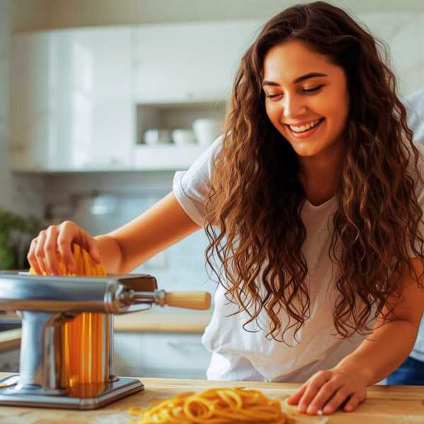 Eine Frau stellt frische Spaghetti mit der Nudelmaschine her