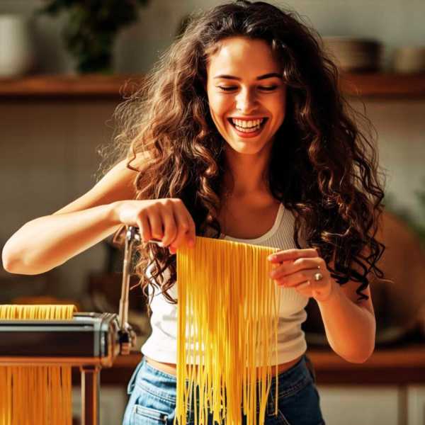 Eine fröhliche Frau stellt Spaghetti mit einer Nudelmaschine her