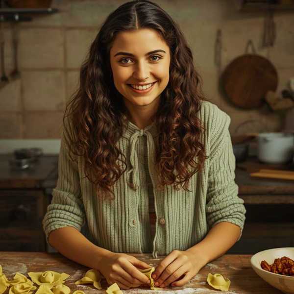 Eine lächelnde Frau stellt Tortelloni her