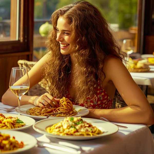 Ein Mann und eine Frau essen Nudeln als Fingerfood