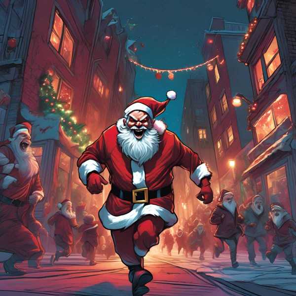 Ein Weihnachtsmann läuft durch die Stadt