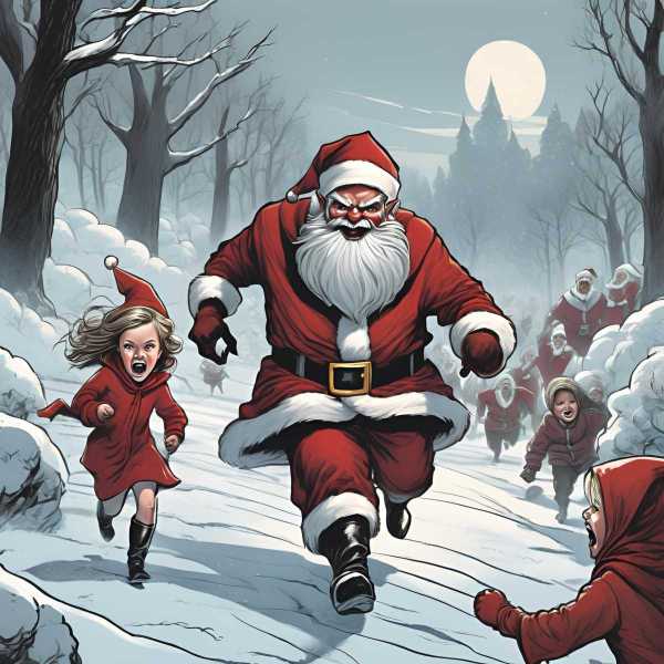 Der böse Weihnachtsmann rennt mit den Kindern