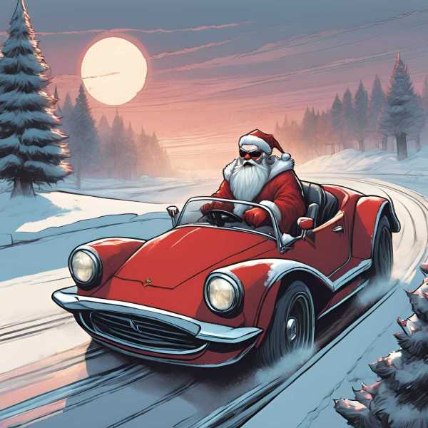 Der böse Weihnachtsmann hat Spaß im Cabrio bei Schnee