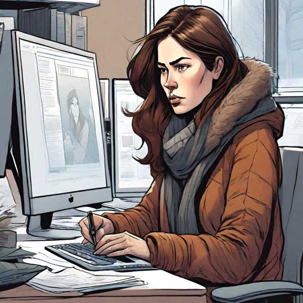 Im Büro: Journalistin bei der Arbeit im Winter
