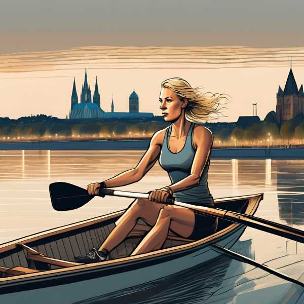 Eine Ruderin vor einer Kölner Silhouette