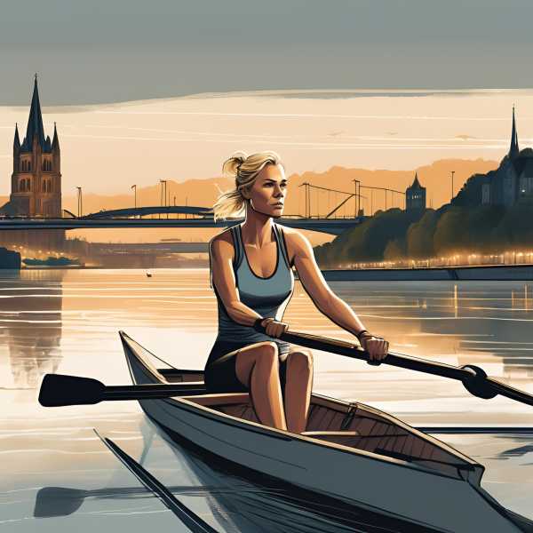 Die Ruderin auf der Mitte des Rheins in Köln