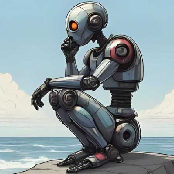 Nachdenklicher Roboter an einem Strand