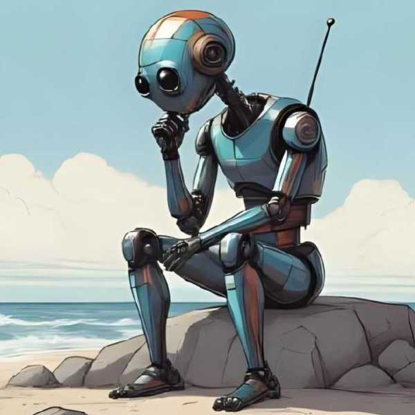 Denkender Roboter an einem Strand