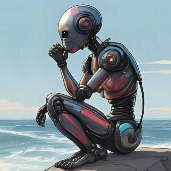 In Gedanken versunkener Roboter an einem Strand