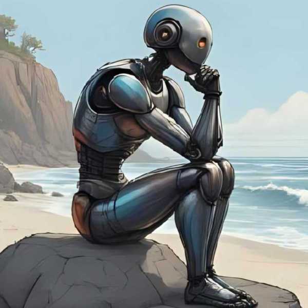 Roboter als Denker an einem Strand