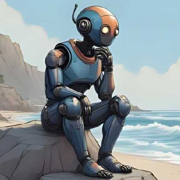 Ein Roboter sitzt als Denker an einem Strand