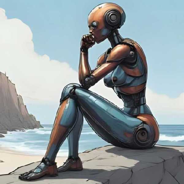 Ein weiblicher Roboter denkend am Meer
