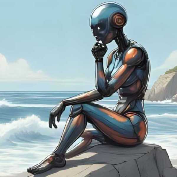 Weiblicher Roboter sitzt als Denkerin an einem Strand