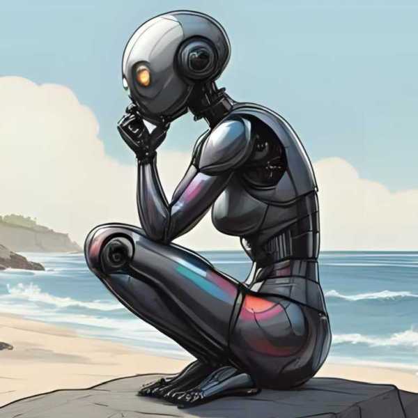 Ein weiblicher Roboter als Denkerin an einem Strand