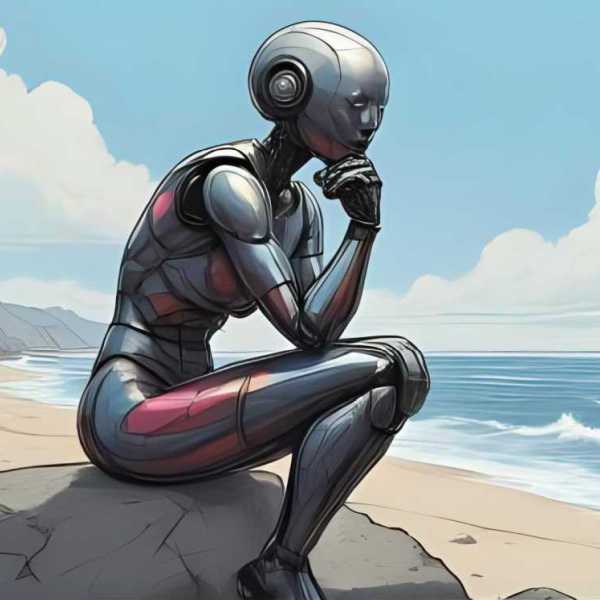 Ein denkender Roboter sitzt in Gedanken versunken an einem Strand