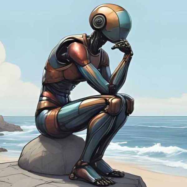 Denkender Roboter in Gedanken versunken an einem Strand