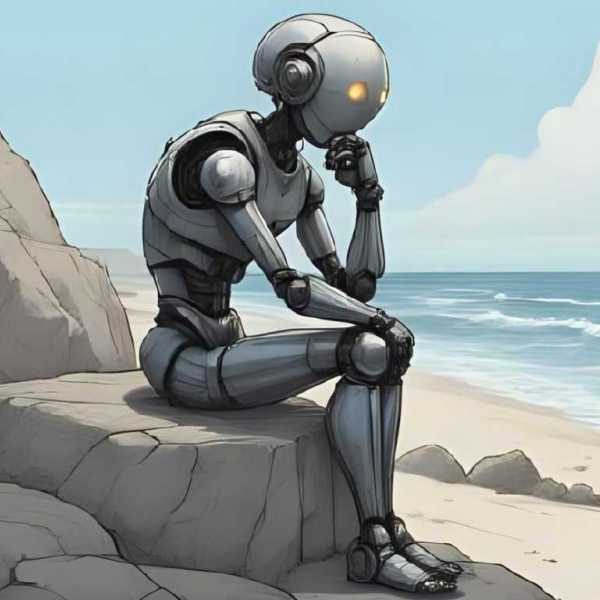 In Gedanken versunkener Roboter an einem Strand als Der Denker