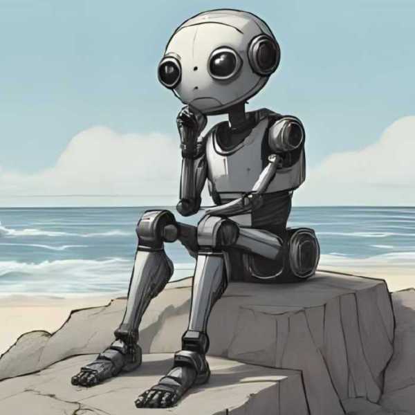 In Gedanken versunkener Roboter am Strand als Der Denker