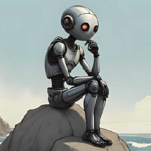 In Gedanken versunkener Roboter am Strand als Der Denker