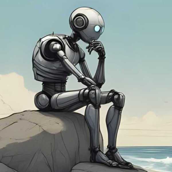 In Gedanken versunkener Roboter am Strand als Der Denker