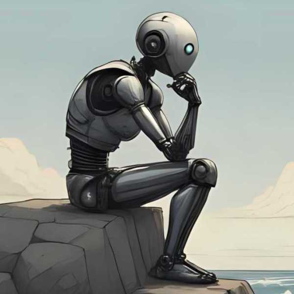 In Gedanken versunkener Roboter am Strand als Der Denker