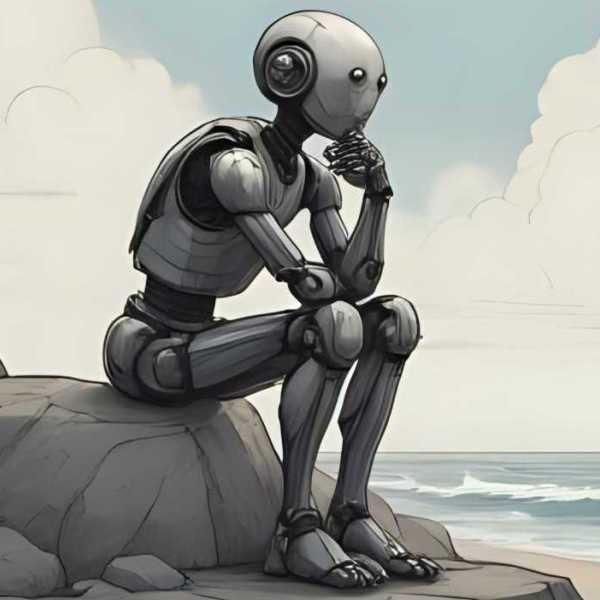 In Gedanken versunkener Roboter am Strand als Der Denker