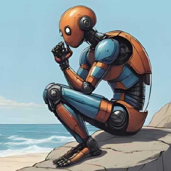 In Gedanken versunkener Roboter am Strand als Der Denker