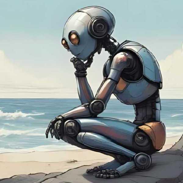 In Gedanken versunkener Roboter am Strand als Der Denker