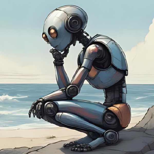 Roboter als Auguste Rodins Kunstwerk Der Denker: KI Bildergalerie von Thomas Berscheid