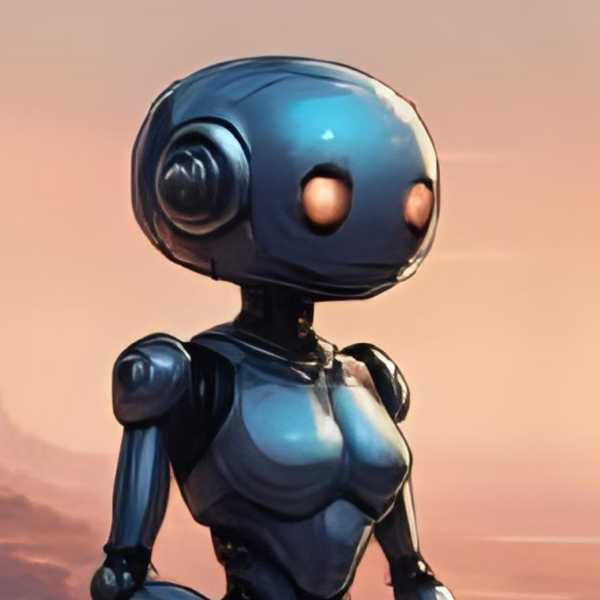 Ein Roboter sitzt bei Abenddämmerung in der Wüste auf einem Stein