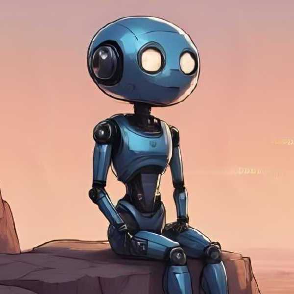 Nachdenklicher Roboter bei Abenddämmerung in der Wüste