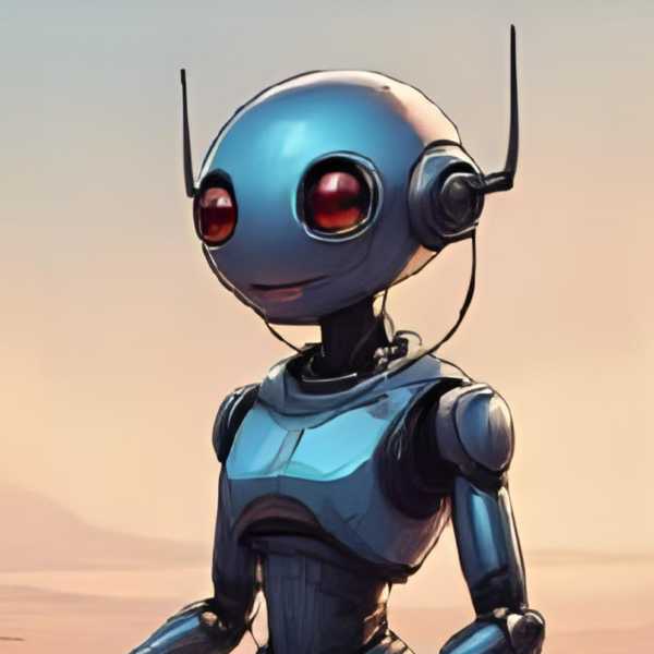 Weiblicher Roboter bei Abenddämmerung in der Wüste