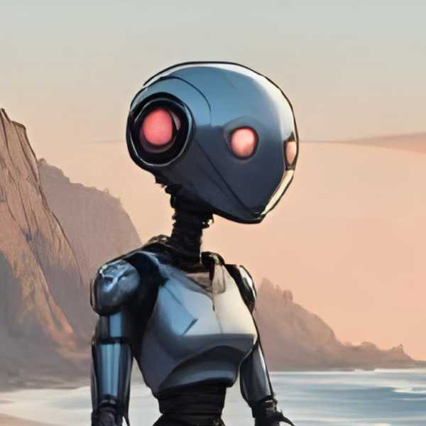 Ein Roboter sitzt am Strand und lässt den Blick über das Meer schweifen