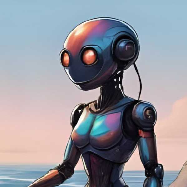 Ein verträumter Roboter sitzt nachdenklich auf einem Fels am Strand