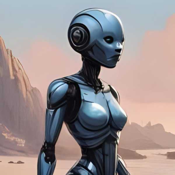Ein sportlicher weiblicher Roboter sitzt auf einem Fels am Strand