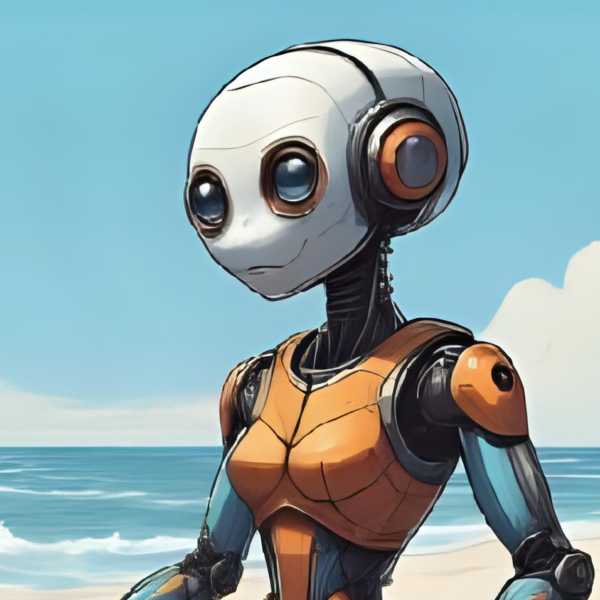 Ein Roboter genießt den Tag am Meer