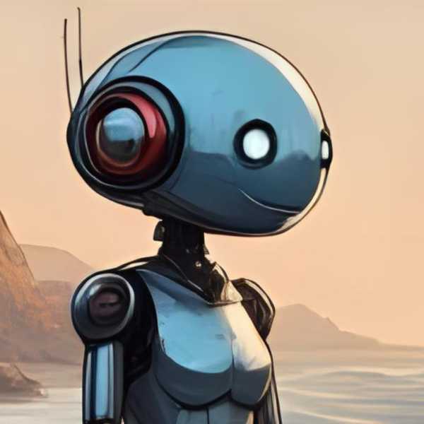 Nachdenklicher Roboter bei Abenddämmerung am Strand eines Meeres